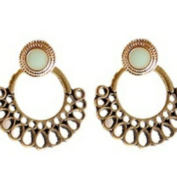 Filigree Hoop Stud Earrings Gold Green - Picture 7 of 7